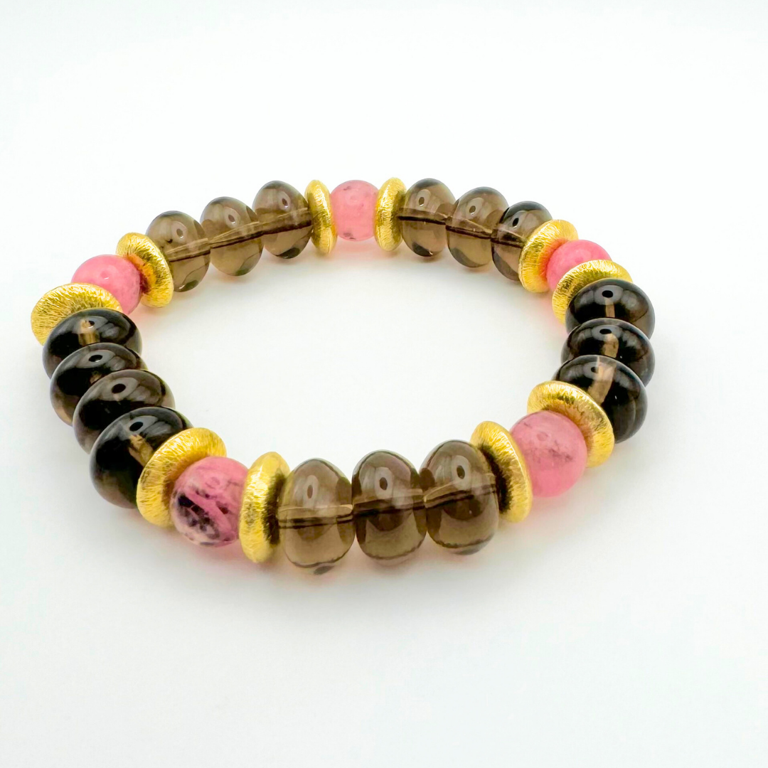 BRACELET QUARTZ FUMÉ & RHODONITE