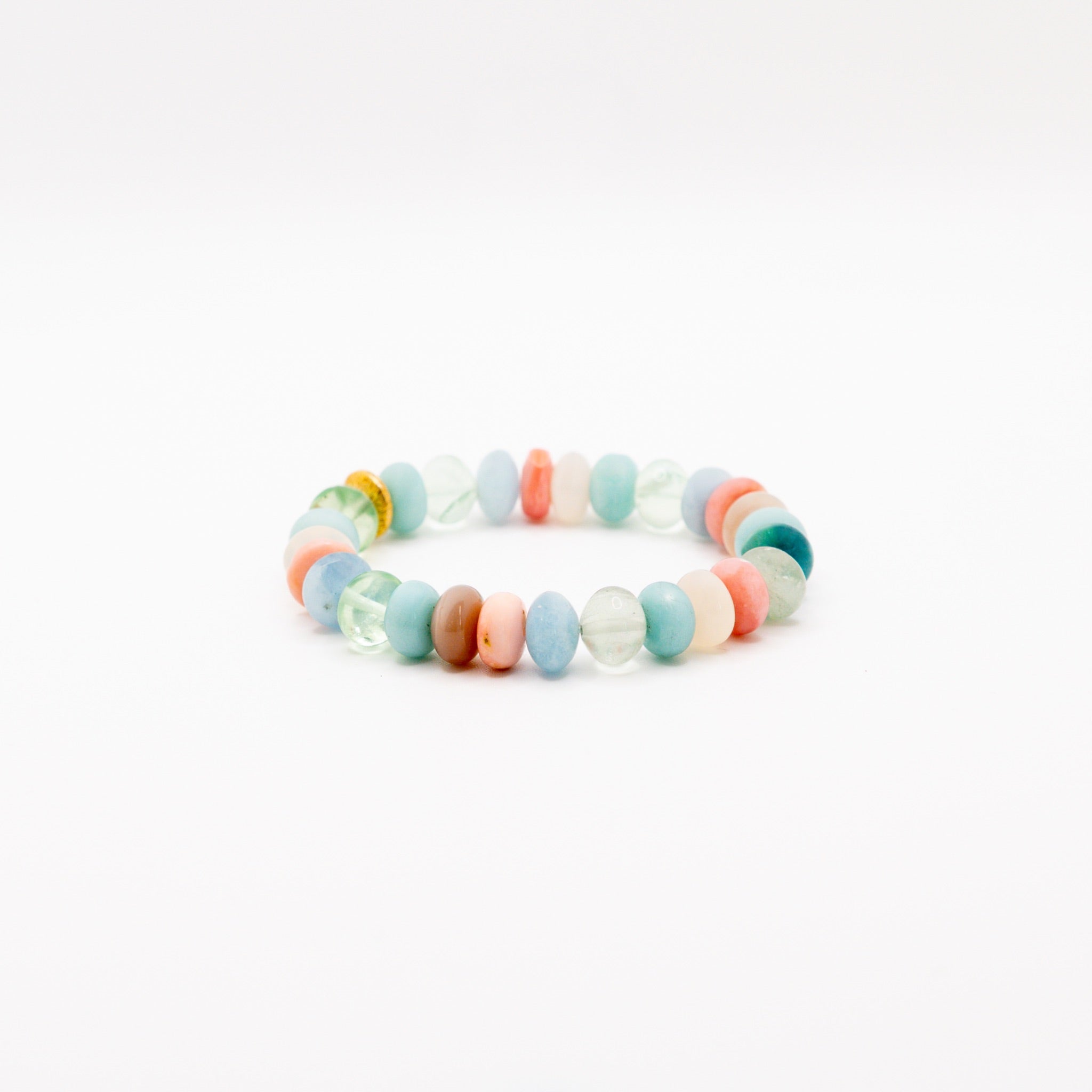 BRACELET AMAZONITE & FLUORITE & AIGUE-MARINE & PIERRE DE LUNE BLANCHE & OPALE ROSE