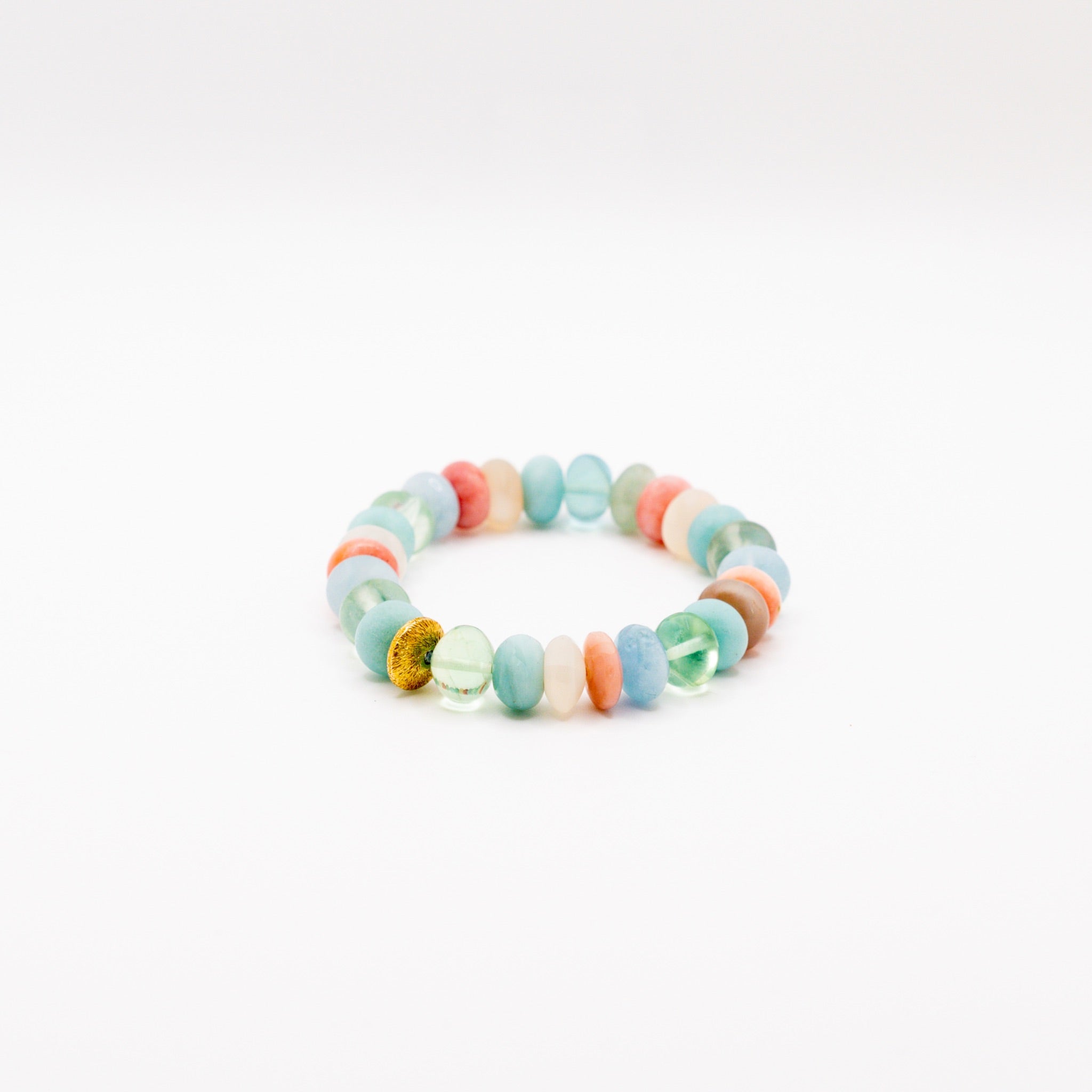 BRACELET AMAZONITE & FLUORITE & AIGUE-MARINE & PIERRE DE LUNE BLANCHE & OPALE ROSE