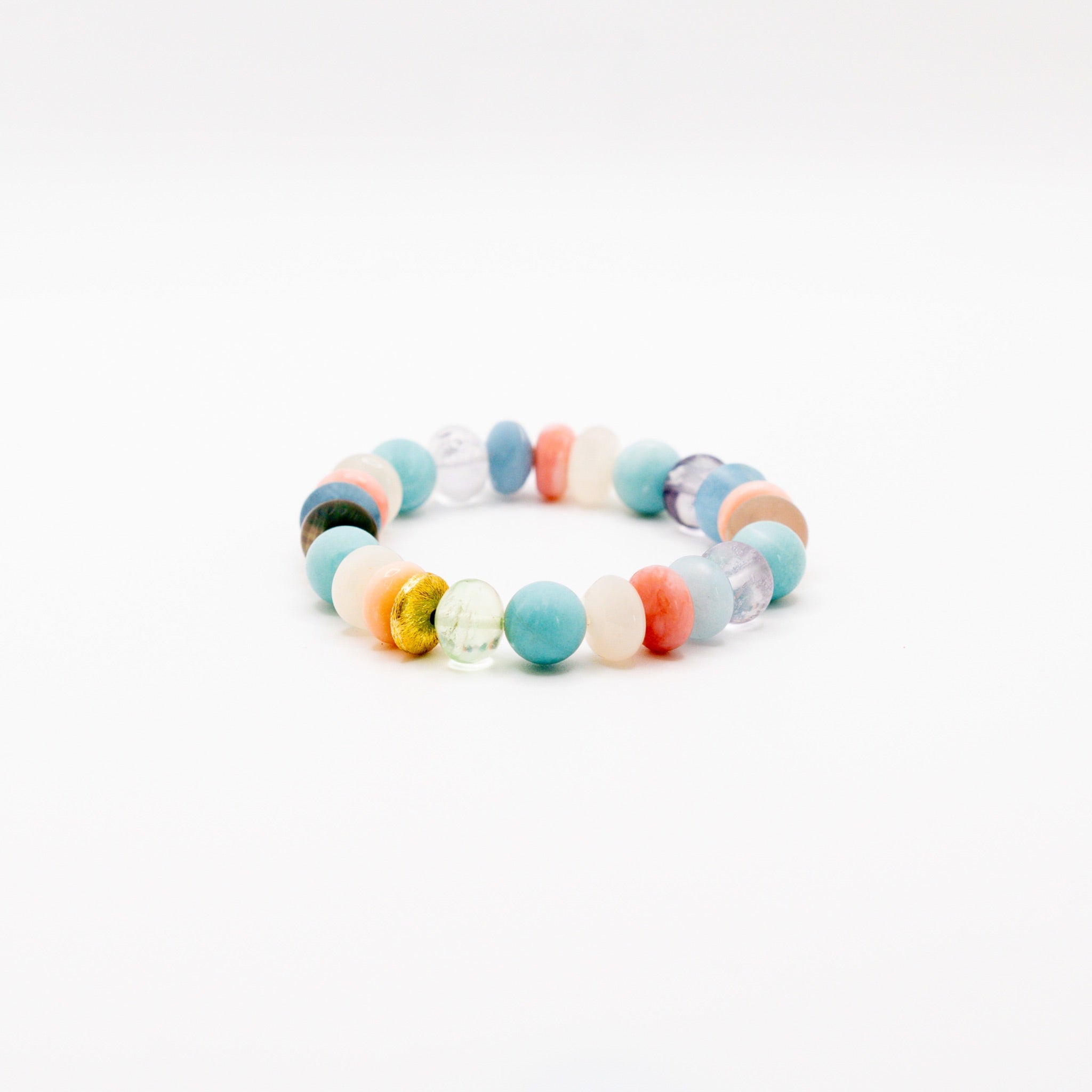 BRACELET AMAZONITE & FLUORITE & AIGUE-MARINE & PIERRE DE LUNE BLANCHE & OPALE ROSE
