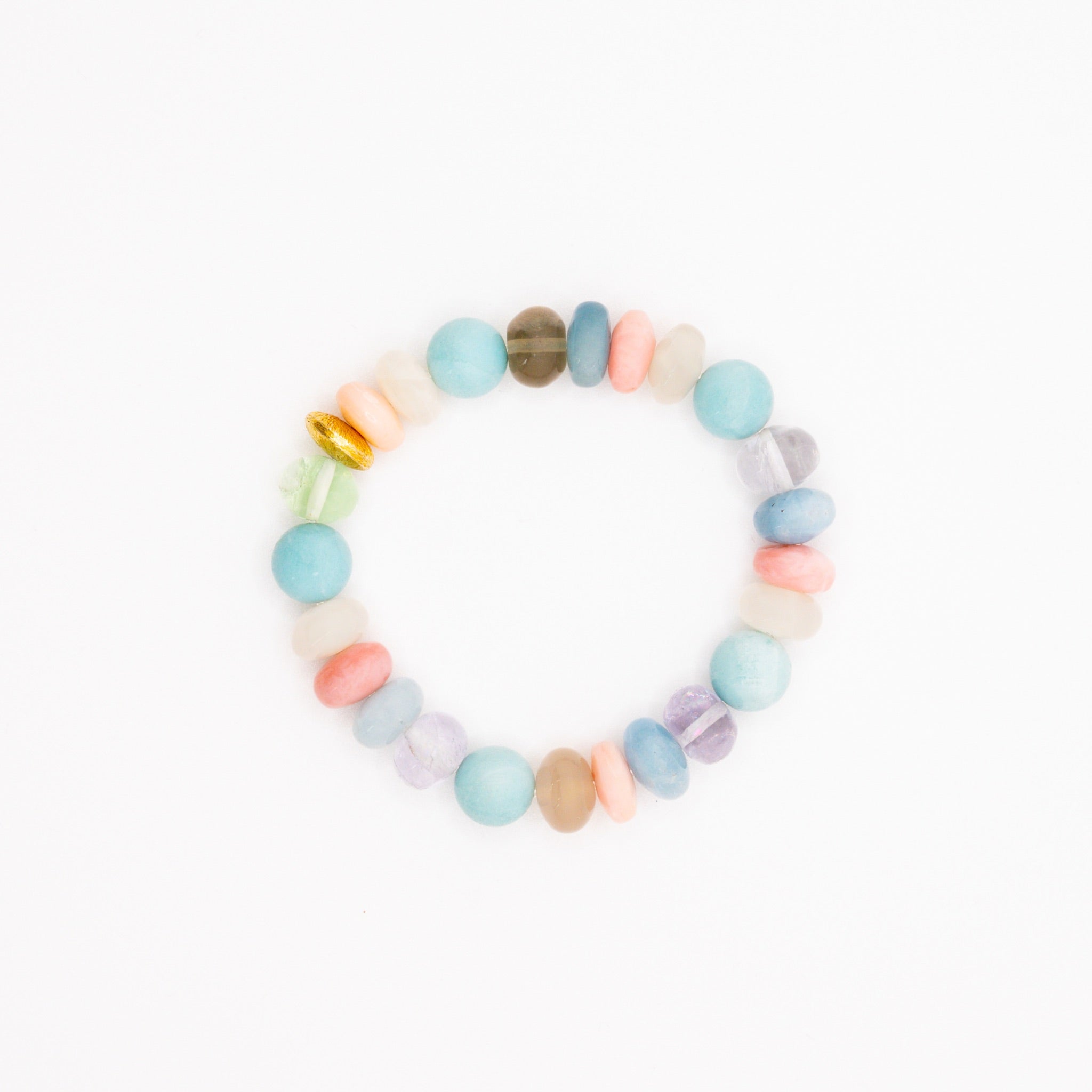 BRACELET AMAZONITE & FLUORITE & AIGUE-MARINE & PIERRE DE LUNE BLANCHE & OPALE ROSE